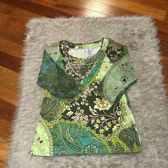 Caribbean Joe women’s green sequin sheer sleeve long‎ sleeve shirt - Picture 1 of 7